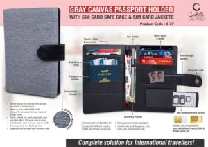 S37 – Gray Canvas Passport holder with Sim Card Safe Case & Sim Card Jackets