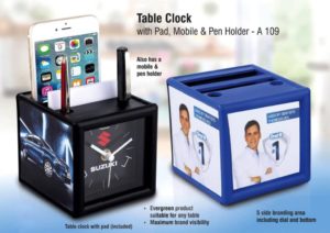 A109 – Table clock with pad and mobile holder (4 Side branding area) (Branding included) (MOQ: 200 pcs)