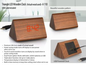 A110 – Triangle LED wooden clock (actual wood used) (USB cable included)