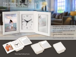 A112 – 3 pc Folding alarm clock with Photo frame and mirror