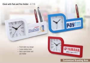 A116 – Clock with pad and pen holder | Branding included MOQ 200 pc