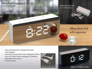 A118 – Mirror finish Digital clock (rectangle) with Temperature (Dual power option) (USB cable included)