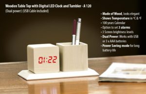 A120 – Wooden Tabletop with Digital LED Clock and tumbler (Dual power) (USB Cable included)