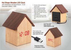 A121 – Hut shape wooden LED clock with temperature and sound sensor | Dual power (Battery / USB)