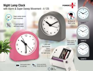 A125 – Night lamp clock with Alarm and Super Sweep movement | Rechargeable Lamp | 3 Level backlight