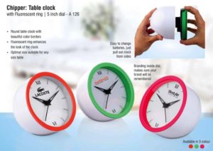 A126 – Chipper: Table clock with Fluorescent ring | 5 inch dial | Branding included MOQ 200pc