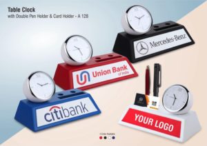 A128 – Table clock with Double pen holder and card holder | Branding included MOQ 200pc
