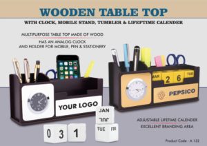 A132 – Wooden Table top with Clock, mobile stand, tumbler, and Lifetime Calendar | Branding included MOQ 200 pcs