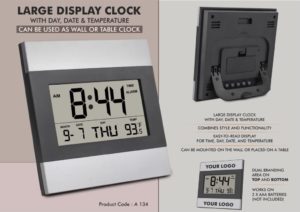 A134 – Large display clock with Day, Date & Temperature | Can be used as wall or table clock