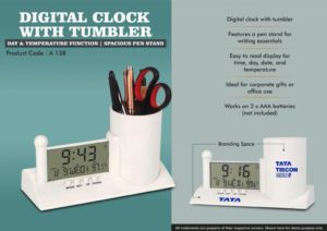 A138 – Digital Clock with Tumbler | Day & Temperature Function | Spacious Pen Stand