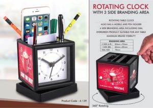 A139 – Rotating clock with 3 side branding area | Has pen stand & large stationery holder | Branding included MOQ 200 pc