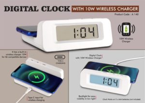 A140 – Digital Clock with 10W Wireless Charger | Type C input for charger