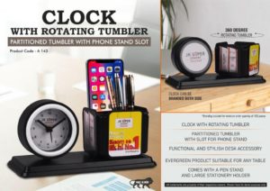 A143 – Clock with rotating tumbler | Partitioned tumbler with phone stand slot | Branding included MOQ 100 pc