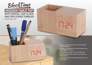 A149 – BlockTime: Wooden Table Top with Digital LED Clock and Pen Stand tumbler