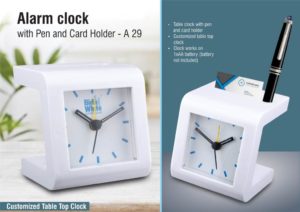 A29 – Alarm clock with Pen and card holder | Branding included MOQ 200pc