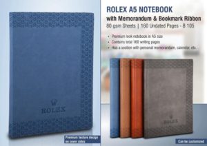 B105 – Rolex A5 notebook with memorandum & Bookmark ribbon| 80 gsm sheets | 160 undated pages