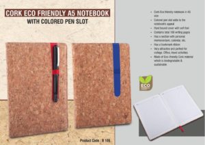B106 – Cork Eco friendly A5 notebook with Colored pen slot | Hard bound cover | With memorandum & Bookmark ribbon| 80 gsm sheets | 160 undated pages