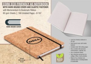 B107 – Cork Eco friendly A5 notebook with Hard bound cover and Elastic fastener | With memorandum & Bookmark ribbon | 80 gsm sheets | 160 undated pages