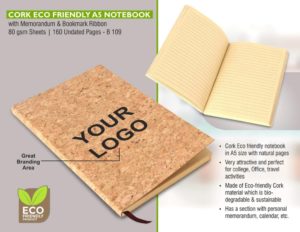 B109 – Cork Eco friendly A5 notebook with memorandum & Bookmark ribbon| 80 gsm sheets | 160 undated pages