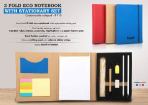 B110 – 3 fold Eco Notebook with stationary set | Customizable notepad