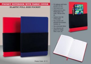B111 – Pocket notebook with Fabric cover | Elastic full size pocket | A5 size | Hard bound cover | With memorandum & Bookmark ribbon| 80 gsm sheets | 160 undated pages