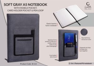 B113 – Soft Gray A5 notebook with mobile pocket, card holder pocket & pen loop by Castillo Milano
