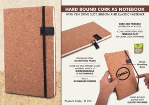 B124 – Hard bound Cork A5 notebook with Pen Drive Slot, Ribbon and elastic fastener