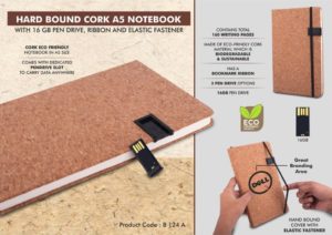 B124a – Hard bound Cork A5 notebook with Pen Drive, Ribbon and elastic fastener- 16 GB USB drive