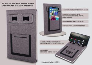 B125 – A5 notebook with Phone stand, card pocket, mobile pocket, pen loop & Elastic fastener