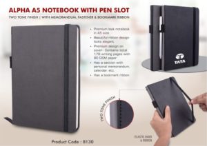 B130 – Alpha A5 notebook with Pen Slot | Two tone finish | With memorandum, Fastener & Bookmark ribbon