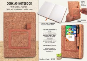 B132 – Cork A5 notebook with mobile pocket, card holder pocket & pen loop