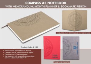 B133 – Compass A5 notebook with memorandum, month planner & bookmark ribbon | 176 writing pages