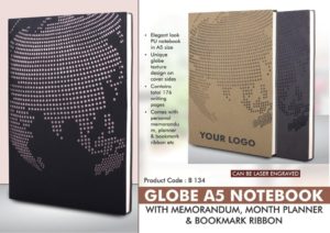 B134 – Globe A5 notebook with memorandum, month planner & bookmark ribbon | 176 writing pages