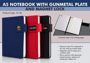 B135 – A5 Notebook with Gunmetal plate and Magnet lock | Hard bound cover | Pages with memorandum, month planner & bookmark ribbon | 176 writing pages