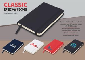B142 – Classic A5 notebook | Hard bound cover | Pages with memorandum, month planner & bookmark ribbon | 176 writing pages