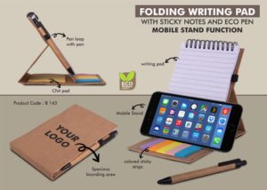 B143 – Folding writing pad with Sticky notes and Eco pen | Mobile stand function