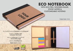 B144 – Eco Notebook with Eco Pen, Wooden Ruler and Sticky notes | Customizable notepad