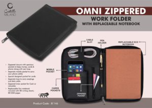B146 – Omni Zippered Work folder with Notebook | Pockets for cards, phone, pen, cables, etc