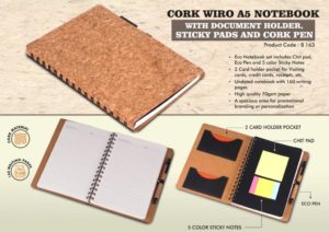 B163 – Cork Wiro notebook with Document Holder, Sticky pads and Cork Pen | A5 size