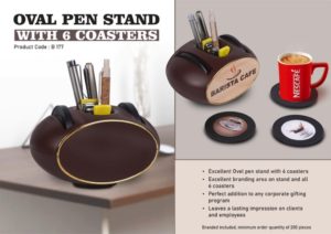 B177 – Oval Pen stand with 6 coasters | Branding included MOQ 200 pc