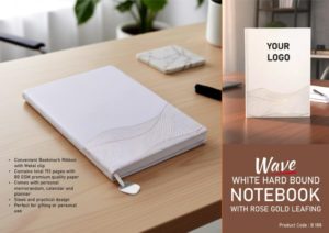 B188 – Wave White Hard bound notebook with Rose gold leafing | A5 size | With memorandum & Metal Bookmark ribbon