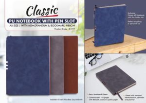 B197 – Classic PU notebook with Pen slot | A5 size | With memorandum & Bookmark ribbon