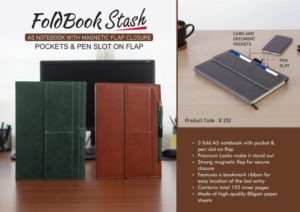 B202 – FoldBook Stash: A5 Notebook with magnetic flap closure | Pockets & Pen slot on Flap | A5 size | With memorandum & Bookmark ribbon