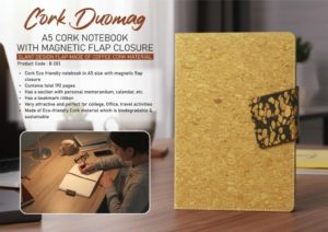 B203 – Cork Duomag: A5 Cork Notebook with magnetic flap closure | Slant design Flap made of Coffee cork material | A5 size | With memorandum & Bookmark ribbon