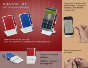 B33 – Mobile stand with metal look stylus & pen