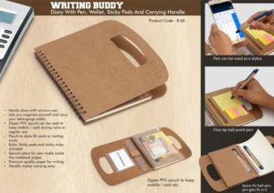 B60 – Writing buddy: Diary with pen, wallet, sticky pads and carrying handle (60 sheets)