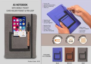 B92 – A5 notebook with mobile pocket, card holder pocket & pen loop
