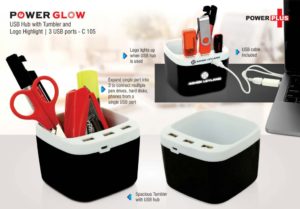 C105 – PowerGlow USB hub with tumbler and logo highlight | 3 USB ports