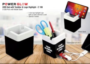 C106 – PowerGlow USB hub with tumbler and logo highlight | 3 USB ports | with mobile stand