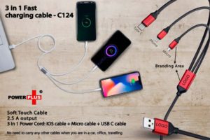 C124 – 3 in 1 Fast charging soft touch cable | 2.5A output (for Micro, Type C and iOS)
